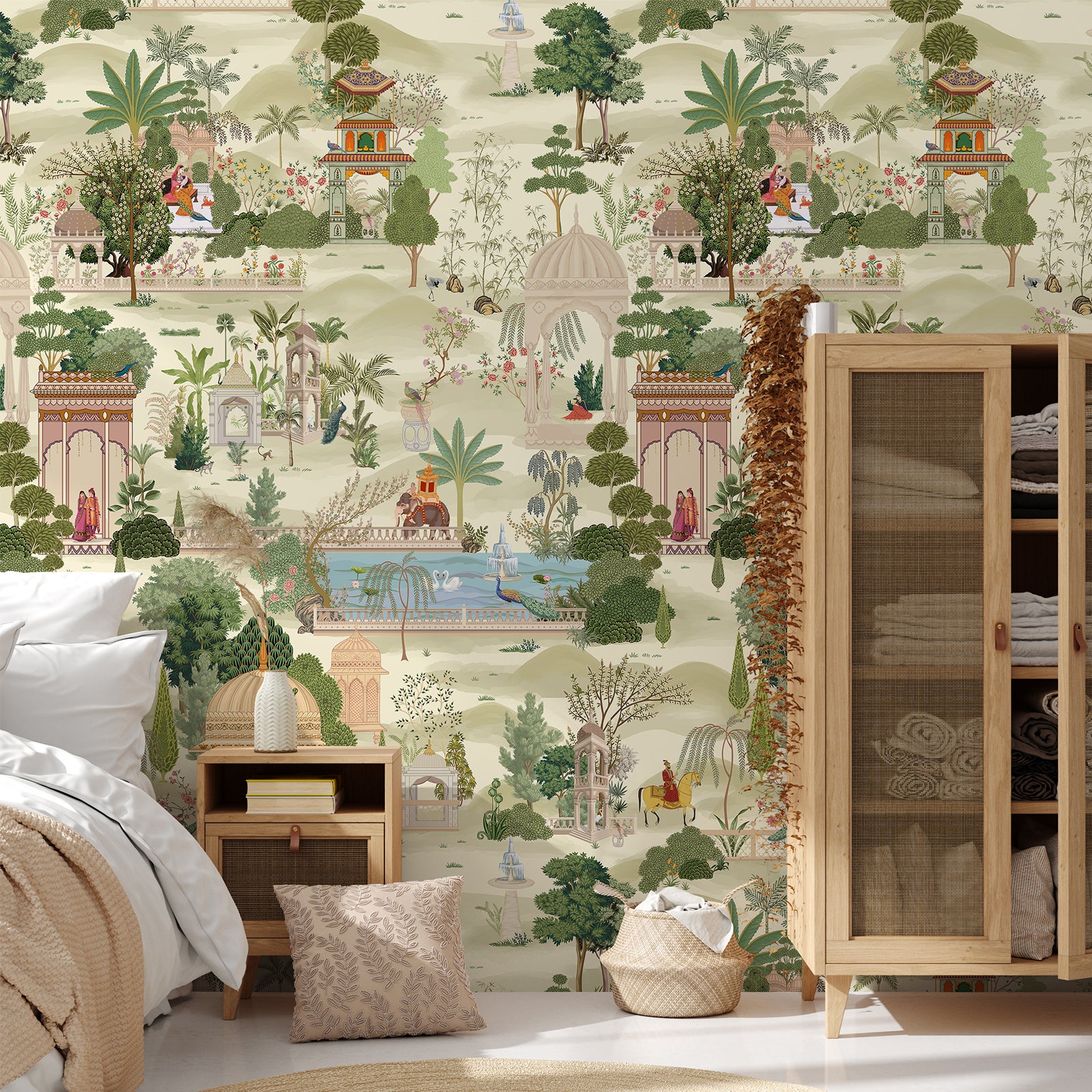 Indian garden scenic wallpaper in a bright bedroom with natural wood furniture